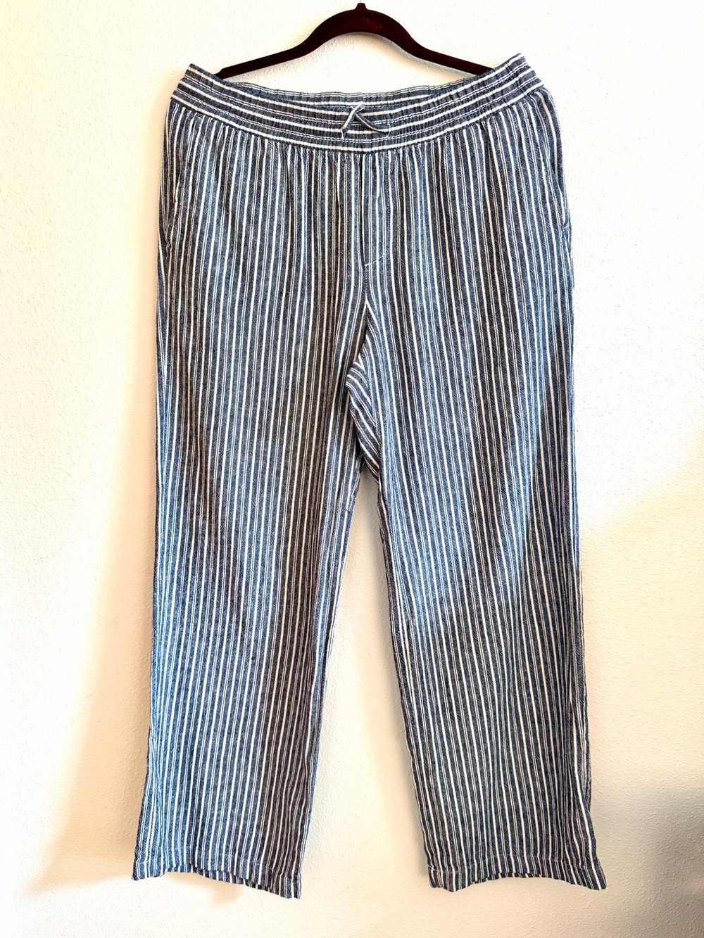 Old Navy Womens Blue White Striped Linen Blend High Rise Wide Leg Pants Medium